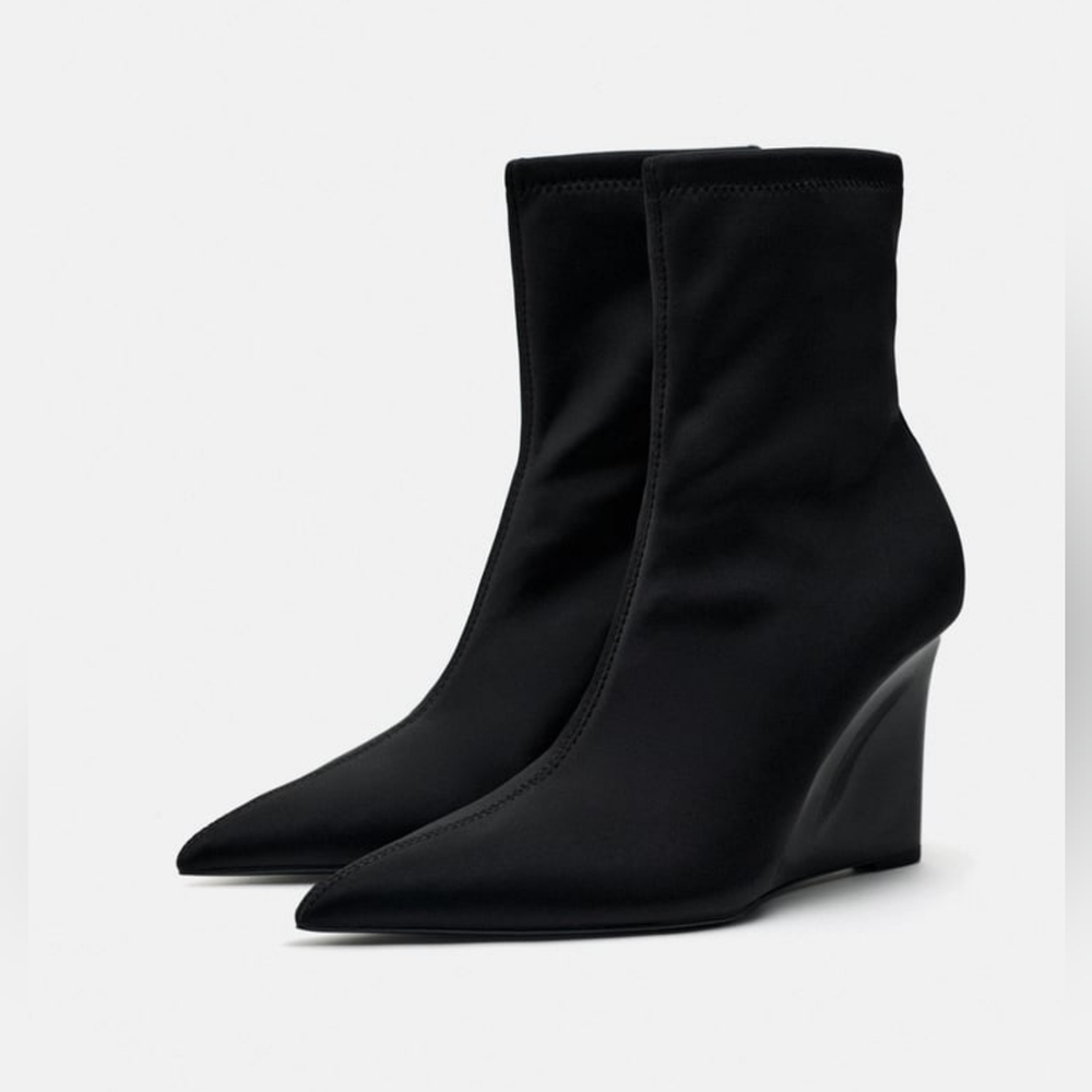 Zara Limited Edition Black Stretch Wedge Ankle Boots